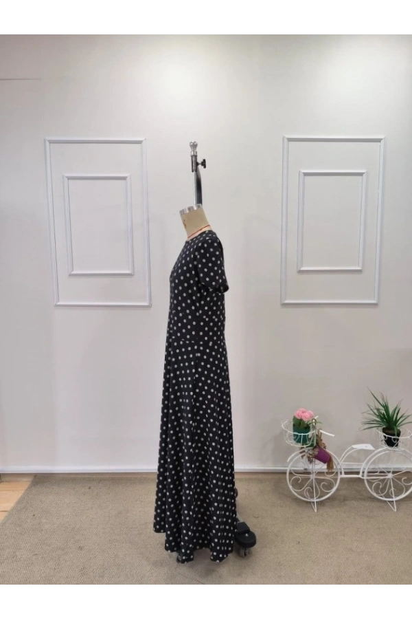 Bidebuvar Kadın Kısa Kollu Bisiklet Yaka Puantiyeli Maksi örme Krep Elbise