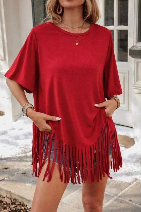 Bidebuvar Kadın Kısa Kollu Bisiklet Yaka Püsküllü Viskon Bluz