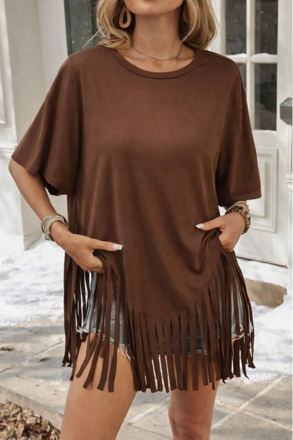 Bidebuvar Kadın Kısa Kollu Bisiklet Yaka Püsküllü Viskon Bluz