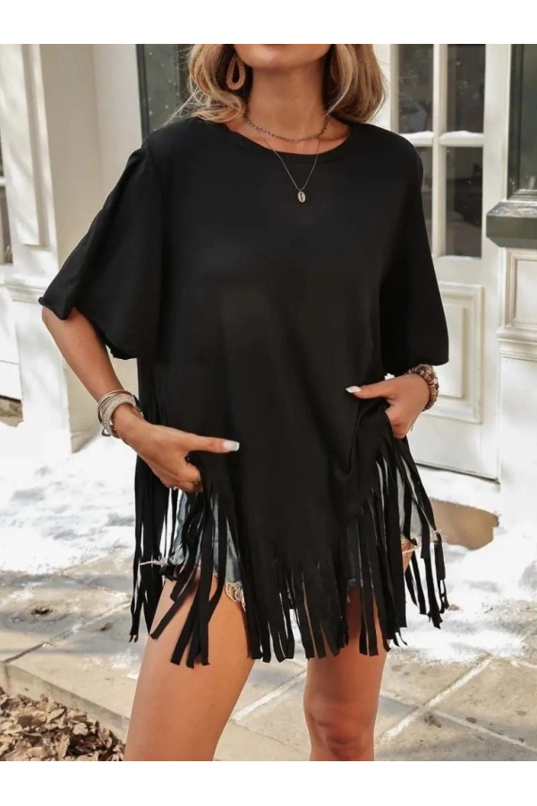 Bidebuvar Kadın Kısa Kollu Bisiklet Yaka Püsküllü Viskon Bluz