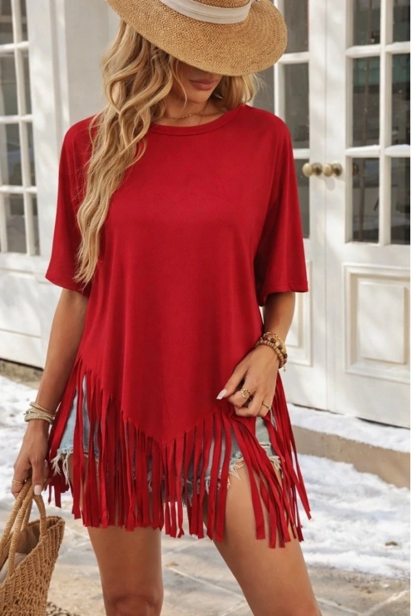 Bidebuvar Kadın Kısa Kollu Bisiklet Yaka Püsküllü Viskon Bluz