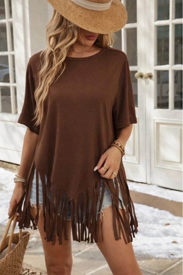 Bidebuvar Kadın Kısa Kollu Bisiklet Yaka Püsküllü Viskon Bluz