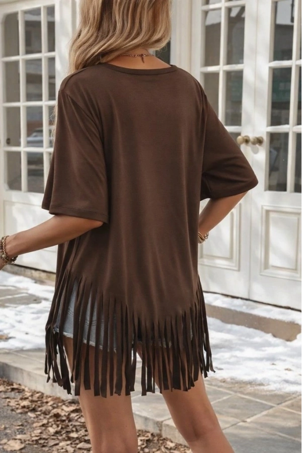 Bidebuvar Kadın Kısa Kollu Bisiklet Yaka Püsküllü Viskon Bluz