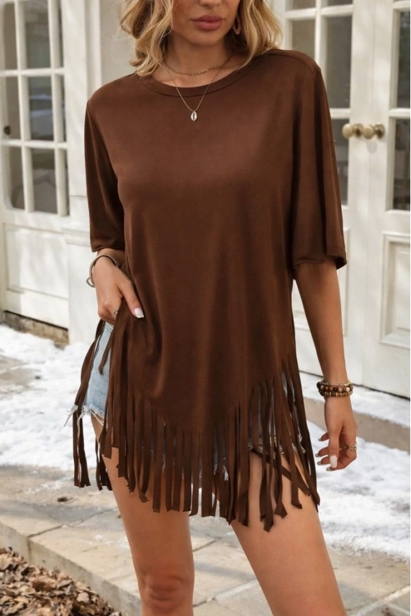 Bidebuvar Kadın Kısa Kollu Bisiklet Yaka Püsküllü Viskon Bluz