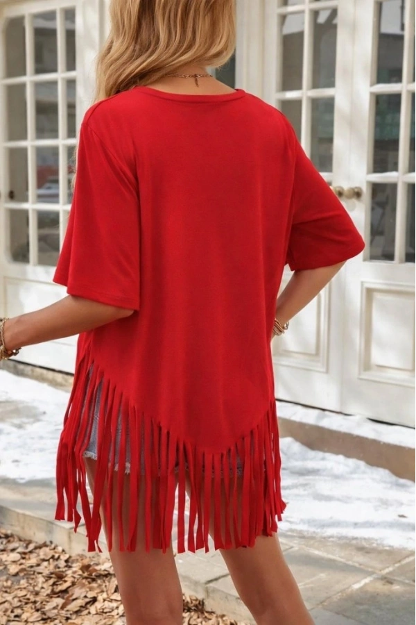 Bidebuvar Kadın Kısa Kollu Bisiklet Yaka Püsküllü Viskon Bluz