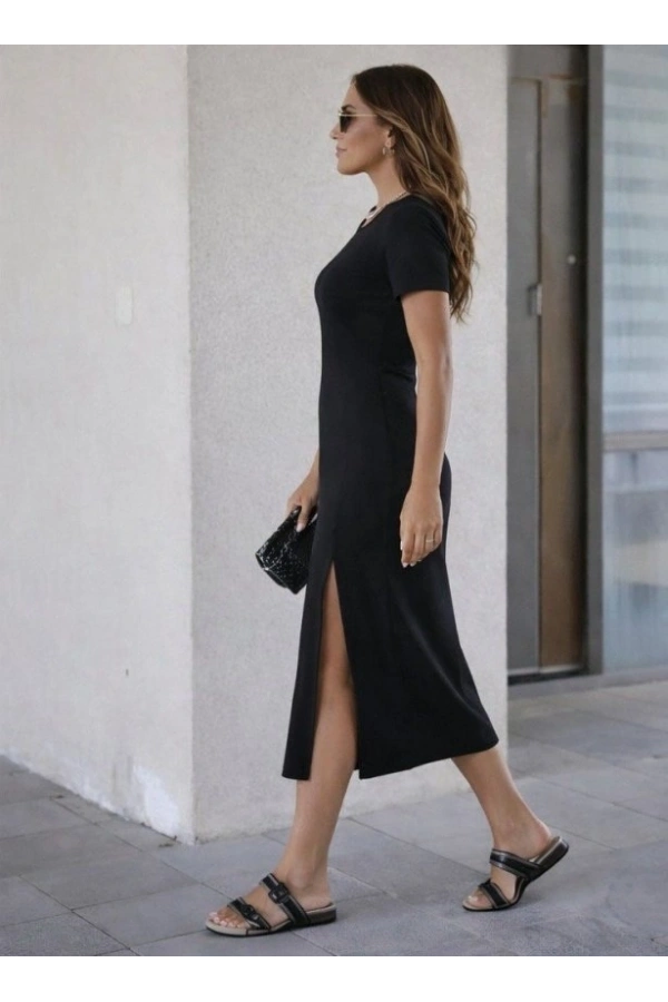 Bidebuvar Kadın Kısa Kollu Bisiklet Yaka Yandan Yırtmaçlı Midi Viskon Elbise