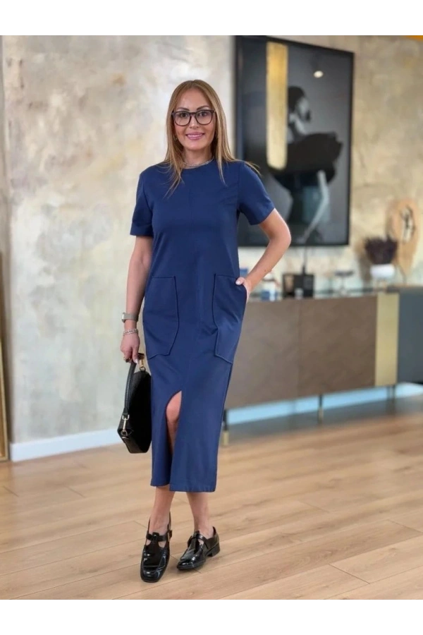 Bidebuvar Kadın Kısa Kollu Bisiklet Yakalı Cepli önden Yırtmaçlı Viskon Iki Iplik Midi Elbise