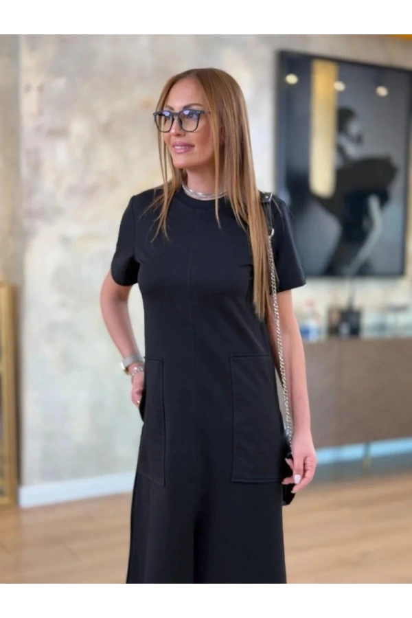 Bidebuvar Kadın Kısa Kollu Bisiklet Yakalı Cepli önden Yırtmaçlı Viskon Iki Iplik Midi Elbise