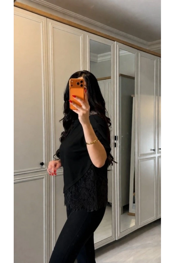 Bidebuvar Kadın Kısa Kollu Bisiklet Yakalı Dantel Detaylı Viskon Iki Iplik Bluz