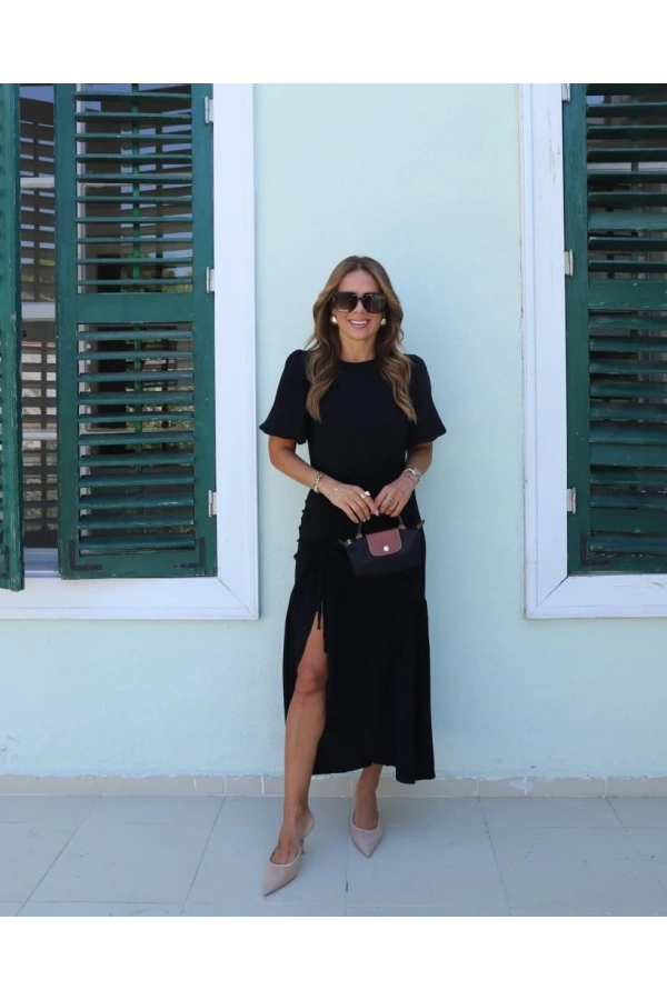 Bidebuvar Kadın Kısa Kollu Bisiklet Yakalı Yandan Yırtmaçlı Büzgülü Janjan Krep Elbise