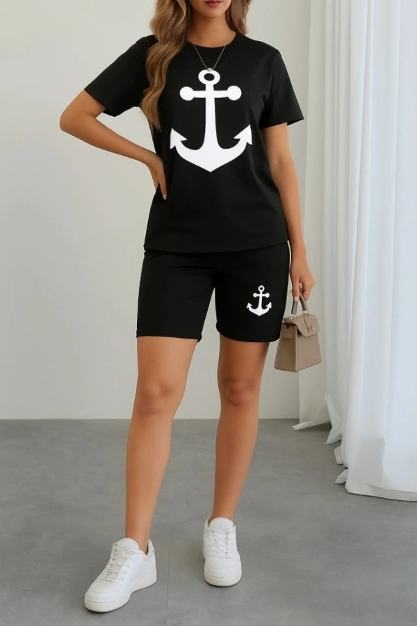 Bidebuvar Kadın Kısa Kollu çapa Baskılı Viskon Ikili Takım