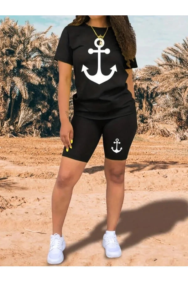 Bidebuvar Kadın Kısa Kollu çapa Baskılı Viskon Ikili Takım