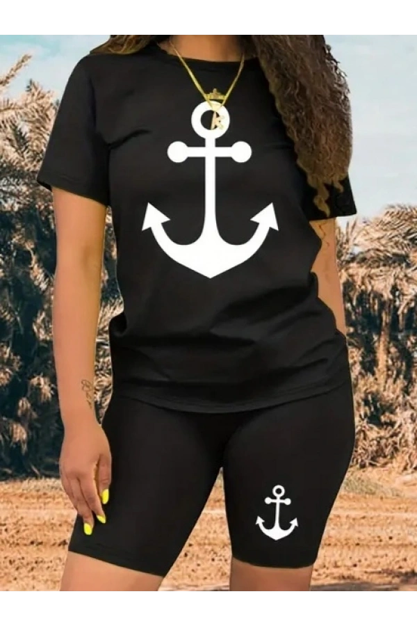 Bidebuvar Kadın Kısa Kollu çapa Baskılı Viskon Ikili Takım