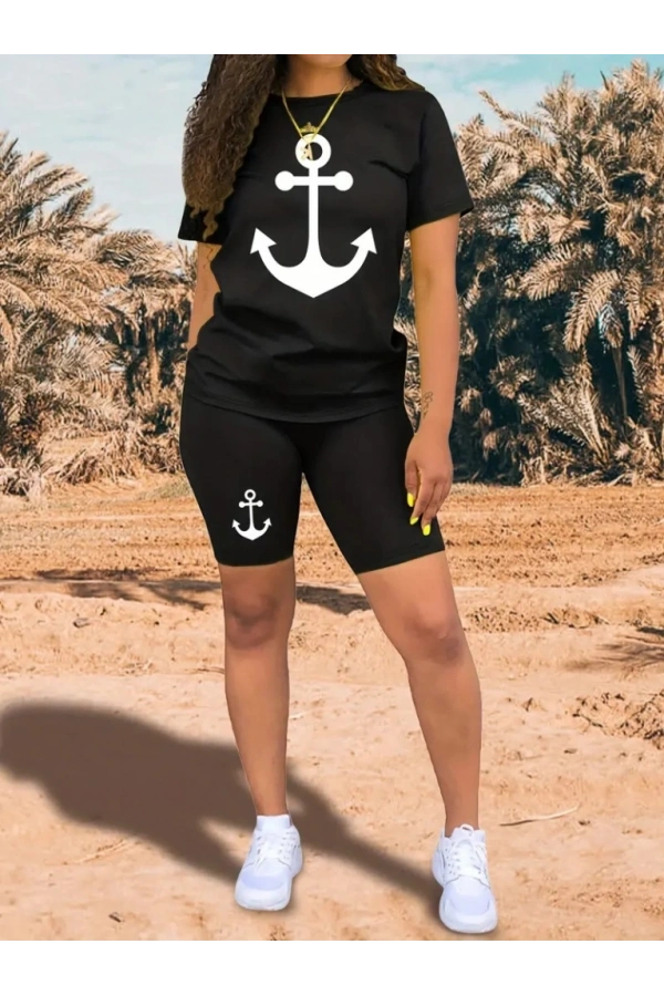 Bidebuvar Kadın Kısa Kollu çapa Baskılı Viskon Ikili Takım