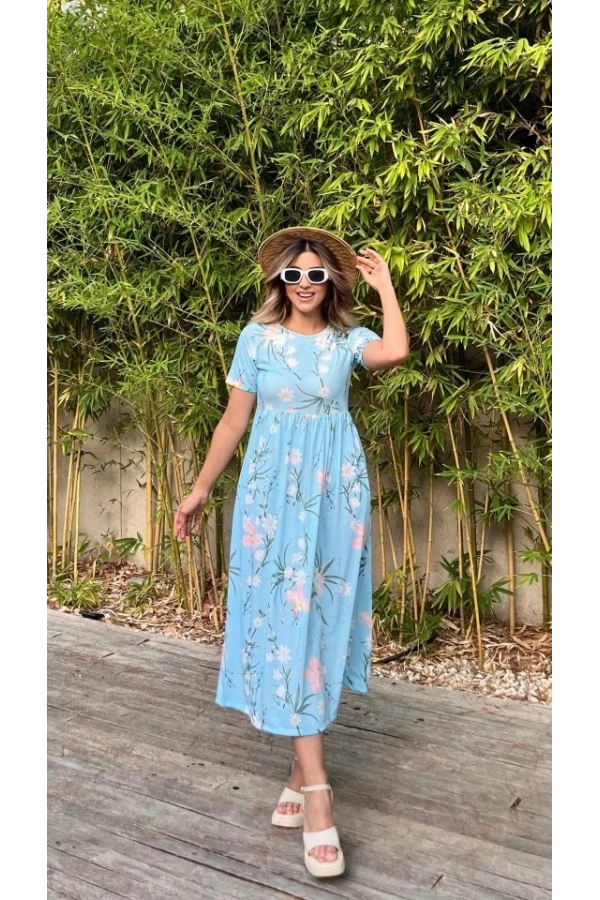 Bidebuvar Kadın Kısa Kollu çiçek Baskı Midi Boy Süprem Elbise