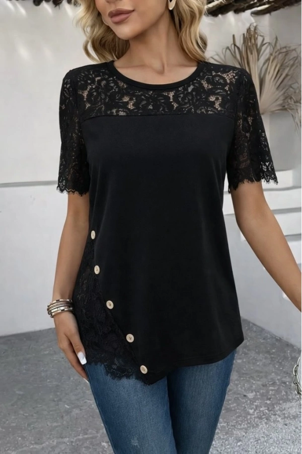 Bidebuvar Kadın Kısa Kollu Dantel Detaylı Yandan Düğmeli Waffle Bluz