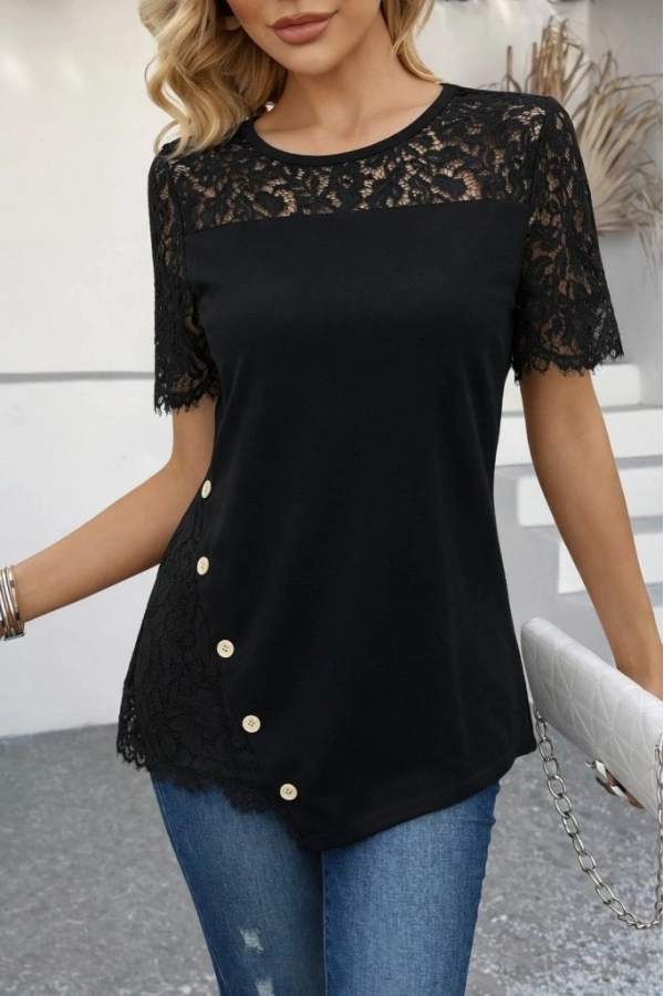 Bidebuvar Kadın Kısa Kollu Dantel Detaylı Yandan Düğmeli Waffle Bluz