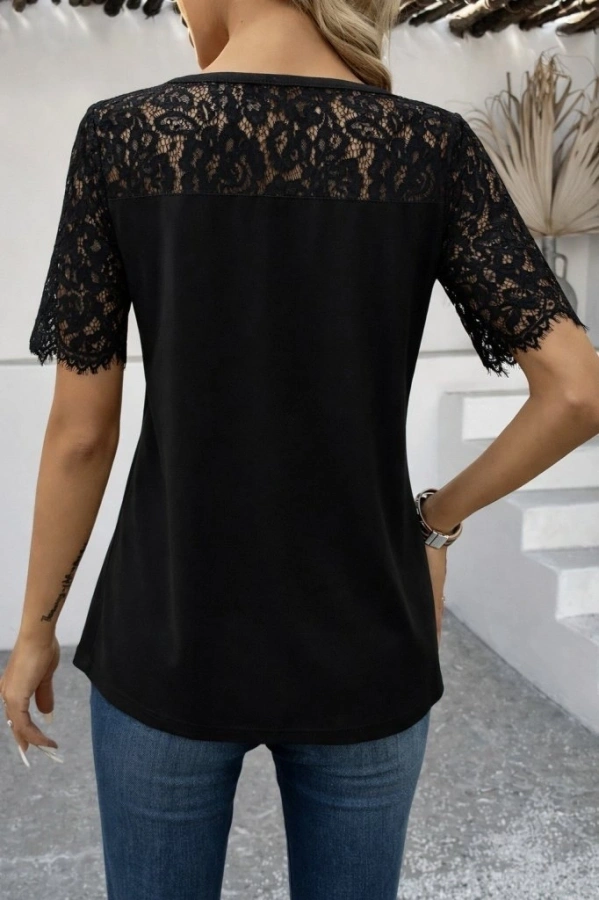 Bidebuvar Kadın Kısa Kollu Dantel Detaylı Yandan Düğmeli Waffle Bluz