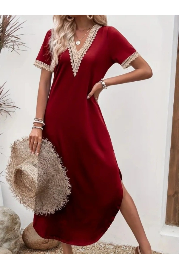 Bidebuvar Kadın Kısa Kollu Dantel V Yakalı Uzun Viskon Elbise