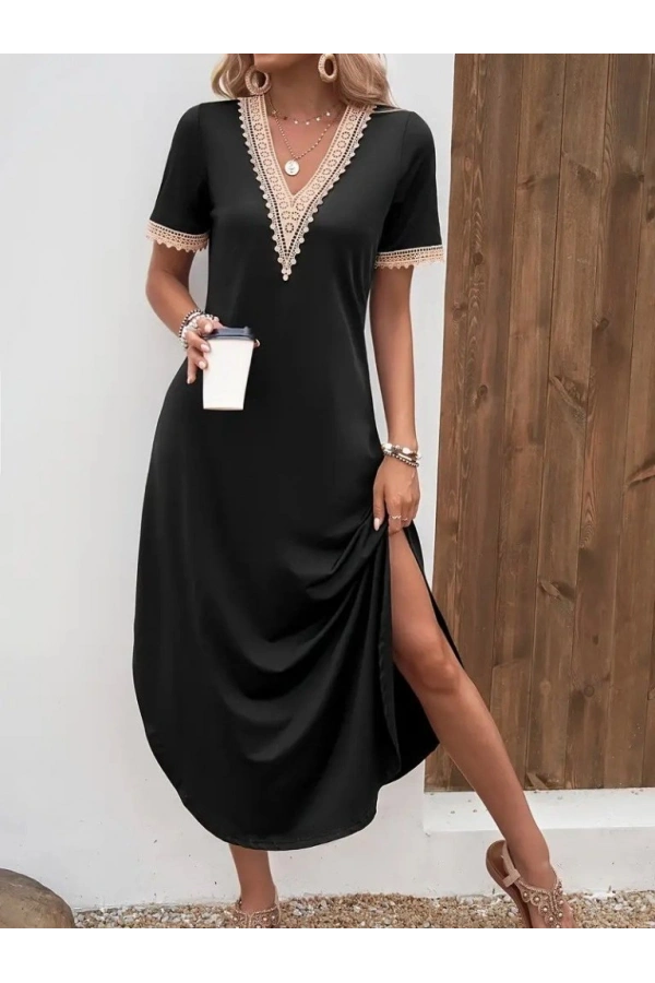 Bidebuvar Kadın Kısa Kollu Dantel V Yakalı Uzun Viskon Elbise