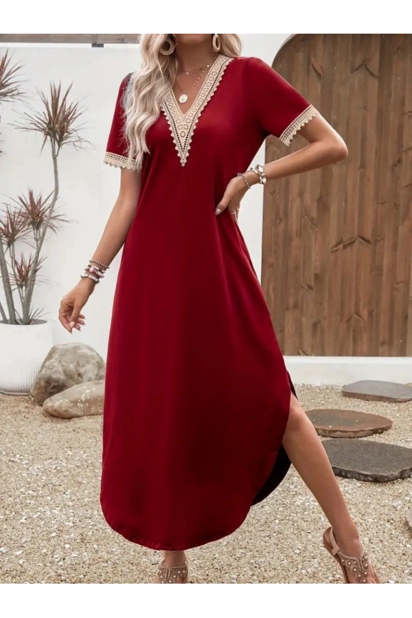 Bidebuvar Kadın Kısa Kollu Dantel V Yakalı Uzun Viskon Elbise