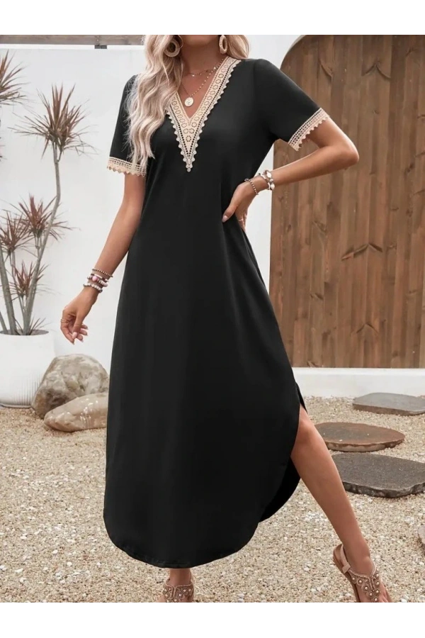 Bidebuvar Kadın Kısa Kollu Dantel V Yakalı Uzun Viskon Elbise