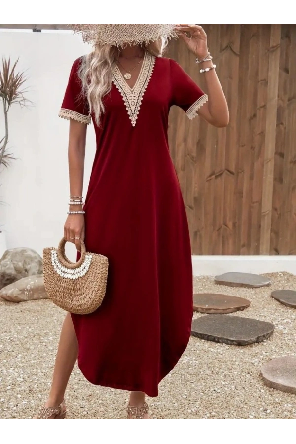 Bidebuvar Kadın Kısa Kollu Dantel V Yakalı Uzun Viskon Elbise