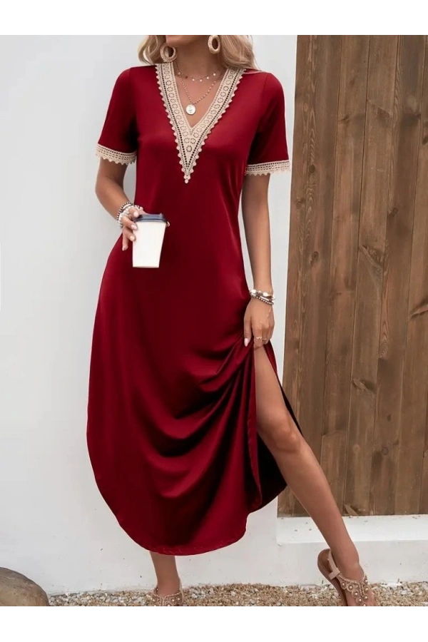 Bidebuvar Kadın Kısa Kollu Dantel V Yakalı Uzun Viskon Elbise