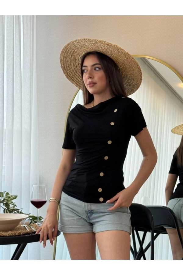 Bidebuvar Kadın Kısa Kollu Degaje Yaka Düğme Detay Viskon Bluz