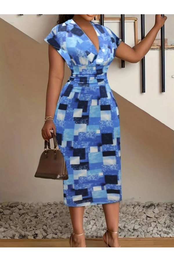 Bidebuvar Kadın Kısa Kollu Derin V Yaka Dalgıç Midi Elbise