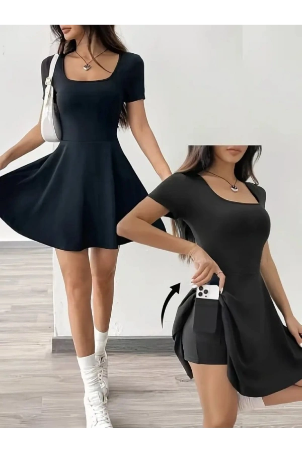 Bidebuvar Kadın Kısa Kollu Kare Yaka Short Detaylı Cepli Dalgıç Elbise