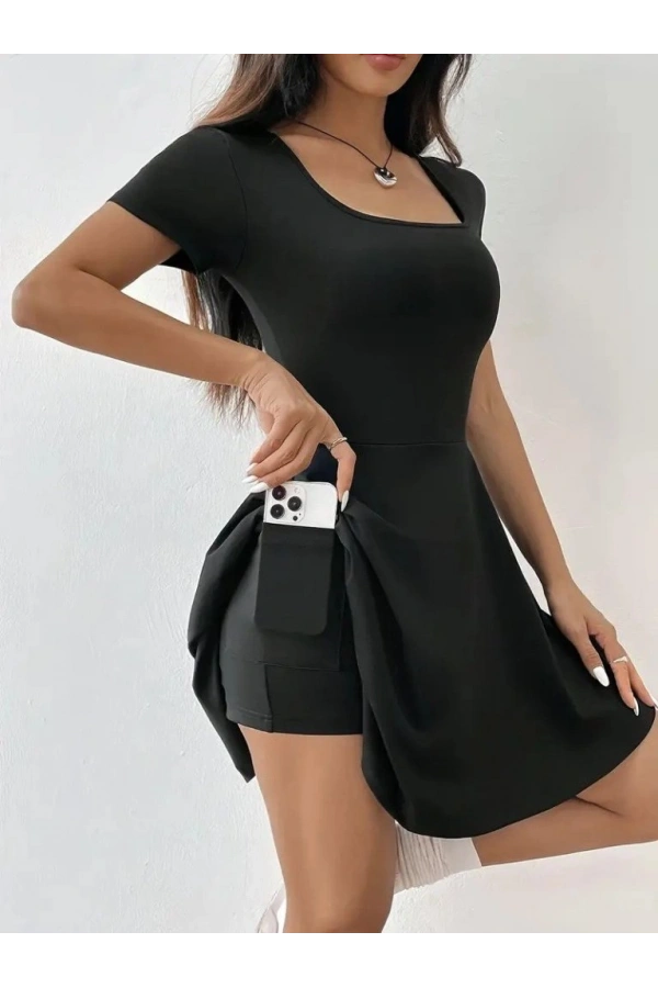 Bidebuvar Kadın Kısa Kollu Kare Yaka Short Detaylı Cepli Dalgıç Elbise