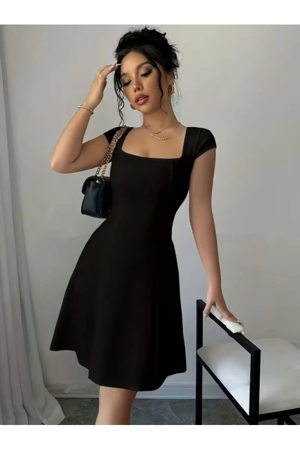 Bidebuvar Kadın Kısa Kollu Kare Yakalı Kısa Ithal Krep Elbise