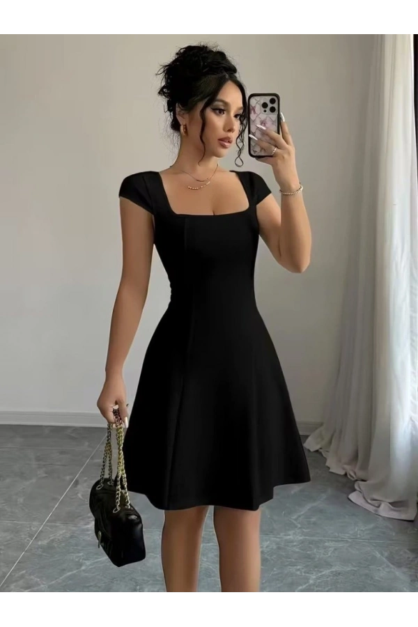 Bidebuvar Kadın Kısa Kollu Kare Yakalı Kısa Ithal Krep Elbise