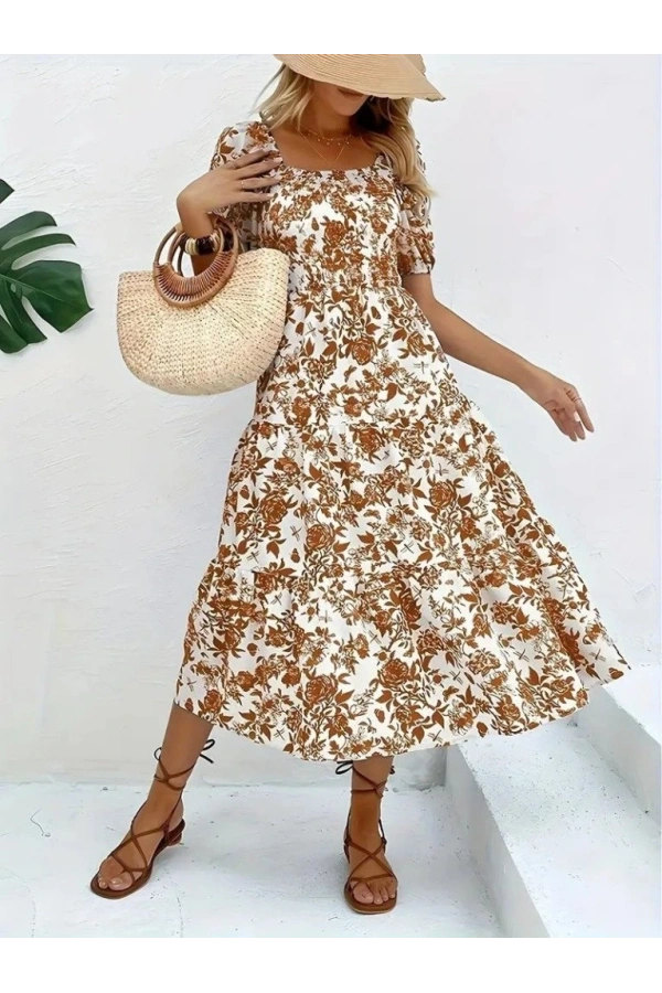 Bidebuvar Kadın Kısa Kollu Kare Yakalı Lastikli Desenli Süprem Elbise