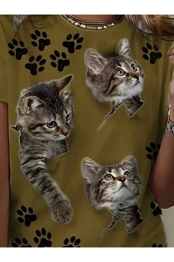 Bidebuvar Kadın Kısa Kollu Kedi Ve Pati Baskılı Süprem T-shirt