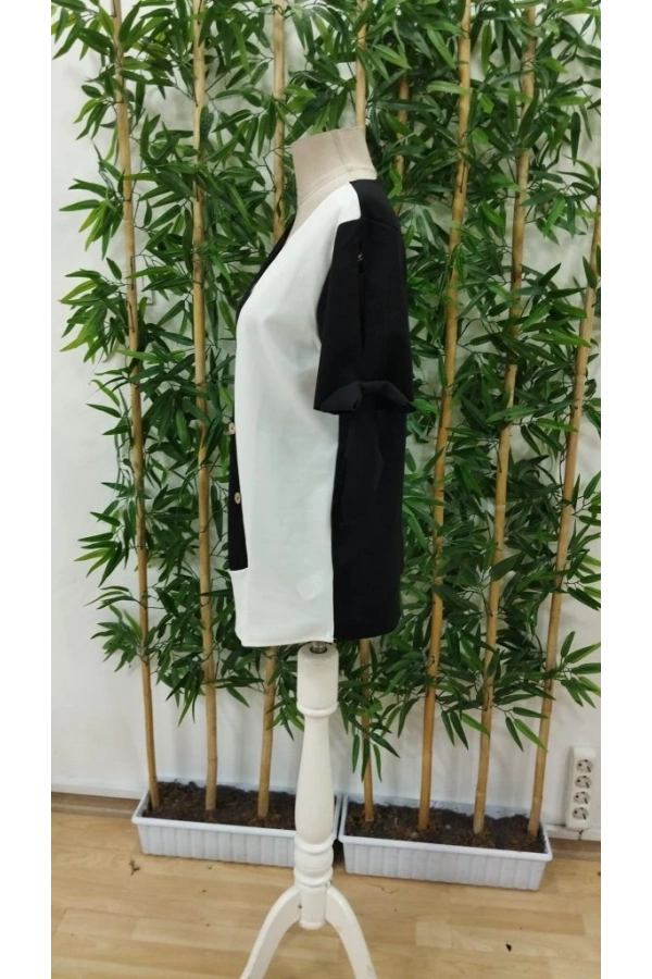 Bidebuvar Kadın Kısa Kollu Kollardan Bağlamalı önden Asimetrik Kesim çift Renk Detaylı Düğmeli Ithal Krep Bluz