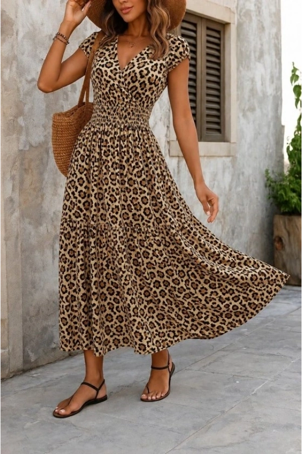 Bidebuvar Kadın Kısa Kollu Kruvaze Yaka Beli Lastikli Süprem Maksi Boy Elbise
