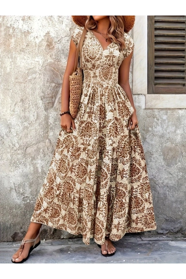 Bidebuvar Kadın Kısa Kollu Kruvaze Yaka Beli Lastikli Süprem Maksi Boy Elbise
