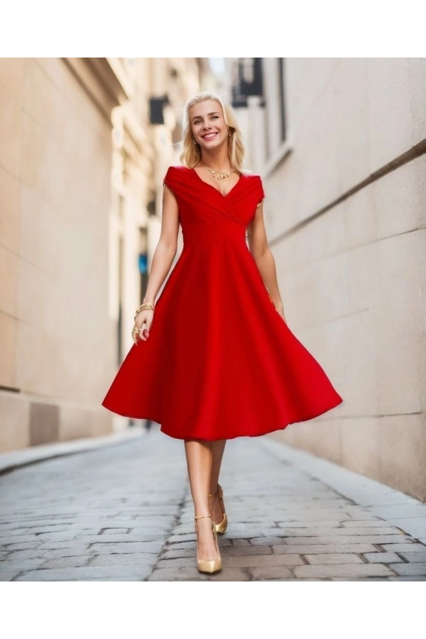 Bidebuvar Kadın Kısa Kollu Kruvaze Yaka Eteği Volanlı Krep Elbise