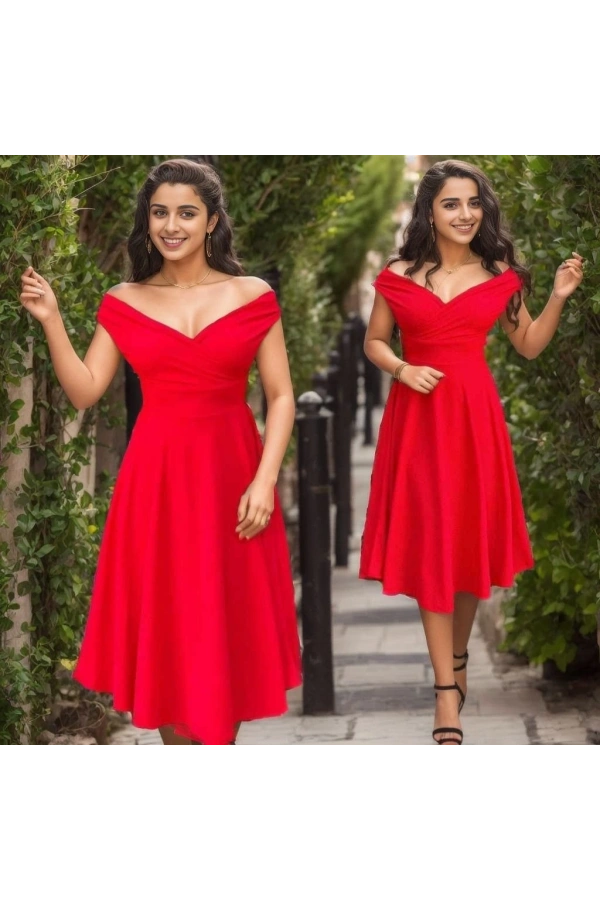 Bidebuvar Kadın Kısa Kollu Kruvaze Yaka Eteği Volanlı Krep Elbise