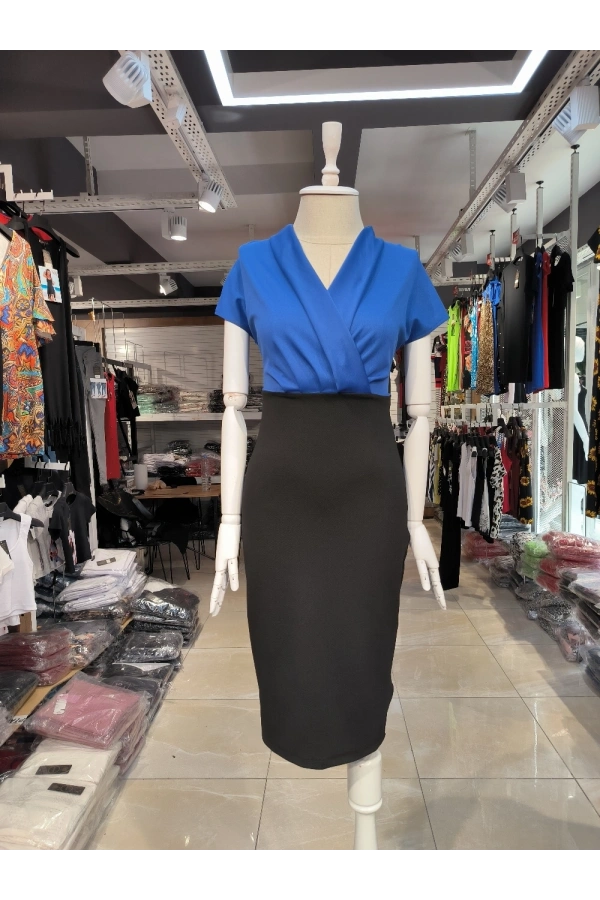 Bidebuvar Kadın Kısa Kollu Kruvaze Yaka Krep Elbise (Kemersiz)