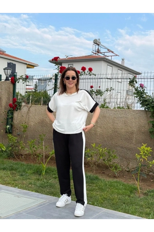 Bidebuvar Kadın Kısa Kollu Modal Dokulu Kumaş Yanı şeritli Takım