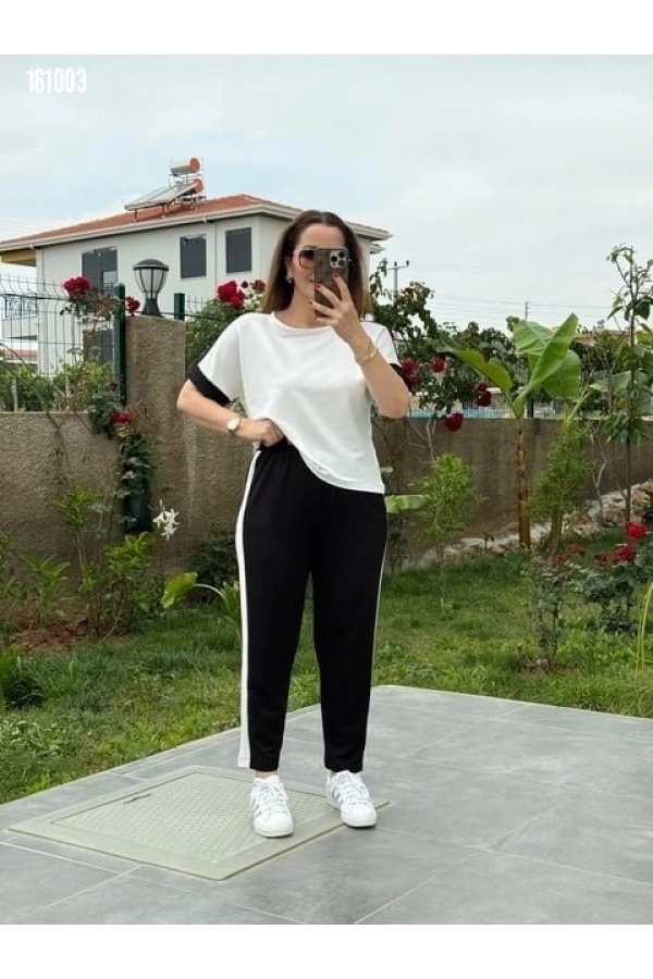 Bidebuvar Kadın Kısa Kollu Modal Dokulu Kumaş Yanı şeritli Takım