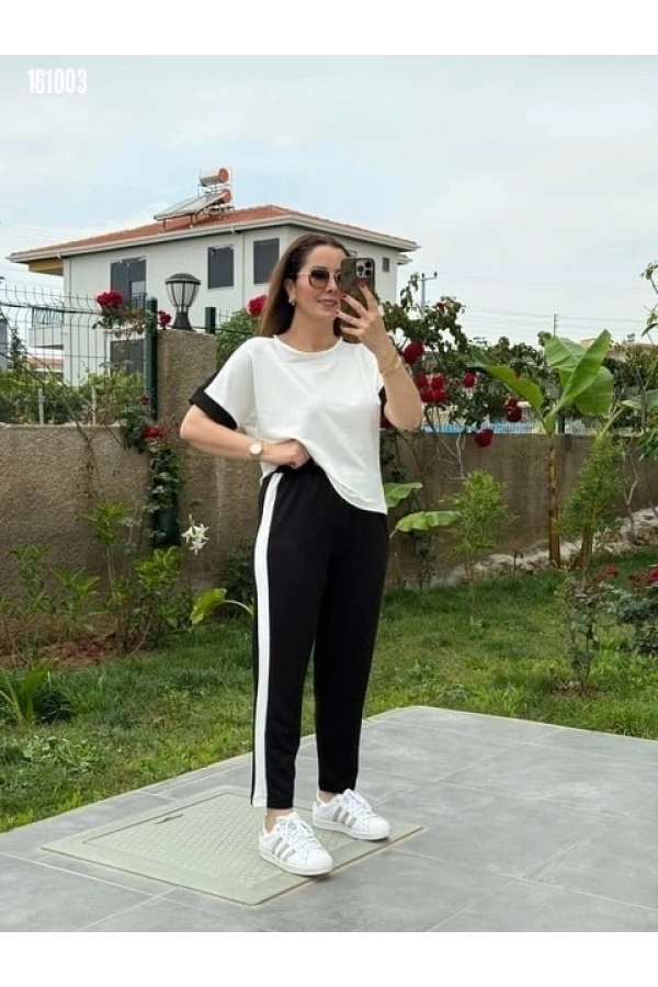 Bidebuvar Kadın Kısa Kollu Modal Dokulu Kumaş Yanı şeritli Takım