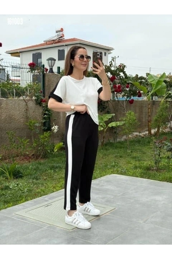 Bidebuvar Kadın Kısa Kollu Modal Dokulu Kumaş Yanı şeritli Takım