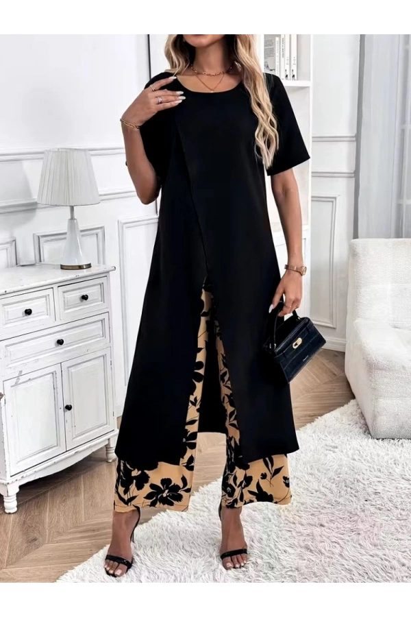 Bidebuvar Kadın Kısa Kollu önden çapraz Detaylı Viskon Uzun Bluz Ve Desenli Iki Iplik Pantolon Ikili Takım