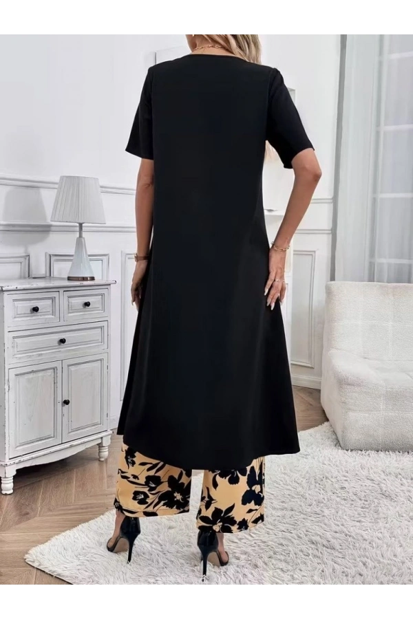 Bidebuvar Kadın Kısa Kollu önden çapraz Detaylı Viskon Uzun Bluz Ve Desenli Iki Iplik Pantolon Ikili Takım