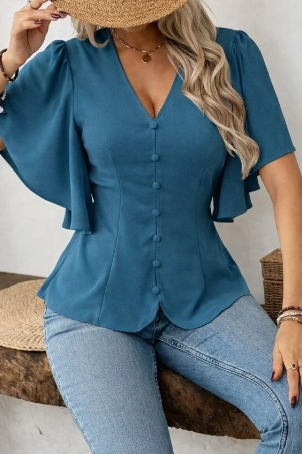 Bidebuvar Kadın Kısa Kollu önden Düğmeli Ithal Krep Bluz