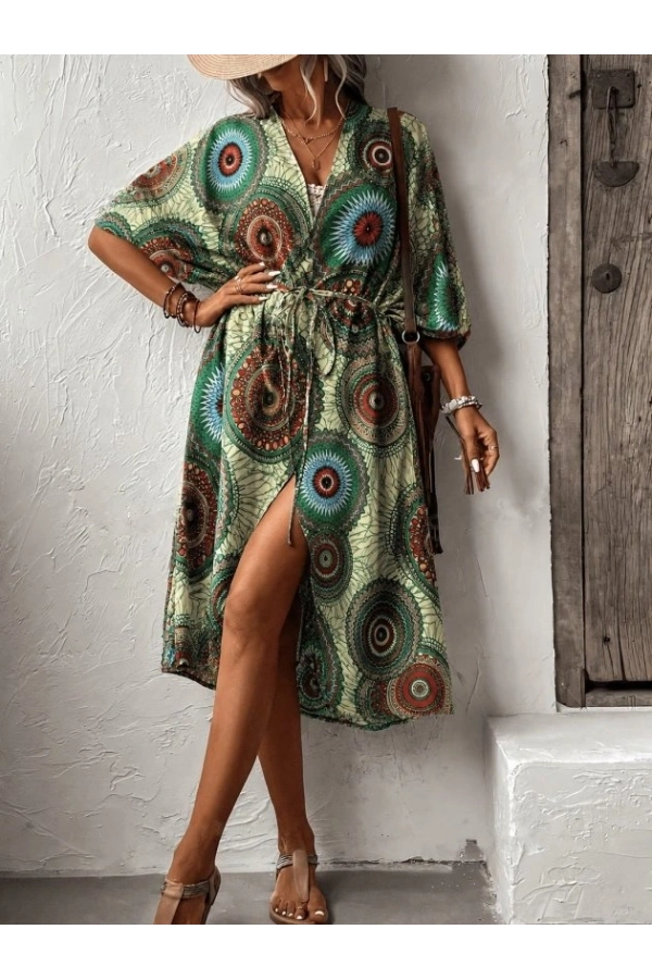 Bidebuvar Kadın Kısa Kollu önü Açık Belden Kuşaklı Uzun Kimono